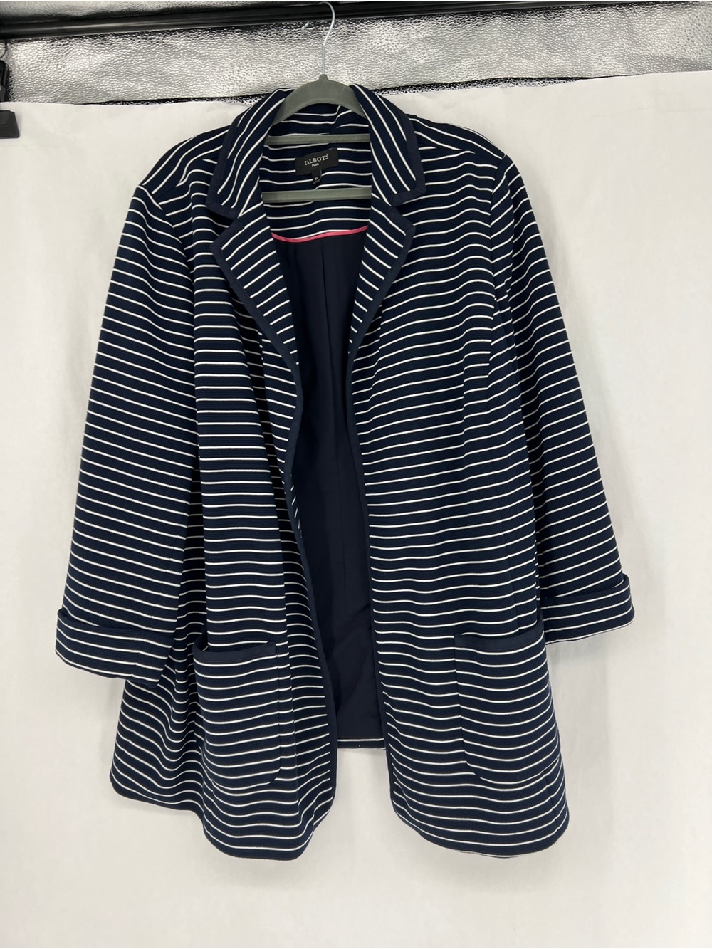 Talbots Navy and White Striped open front Blazer Jacket
